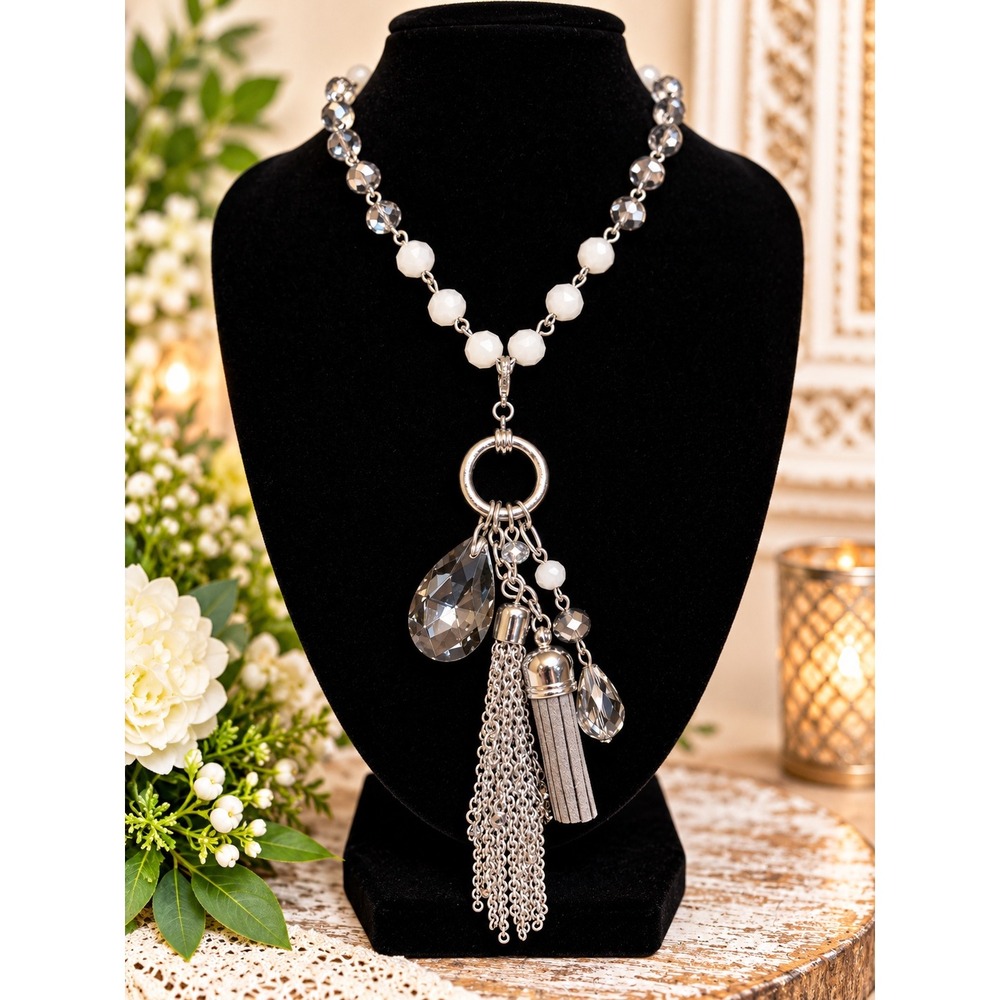 Long Beaded Statement Necklace Grey White Crystal Chain Tassel Toggle Clasp